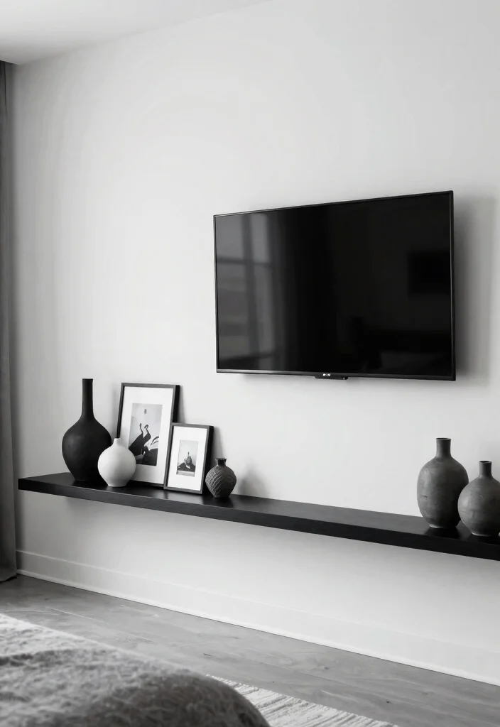 9 Stylish TV Wall Decor Bedroom Floating Shelves Shelf Ideas 2. Minimalist Black and White Theme 0