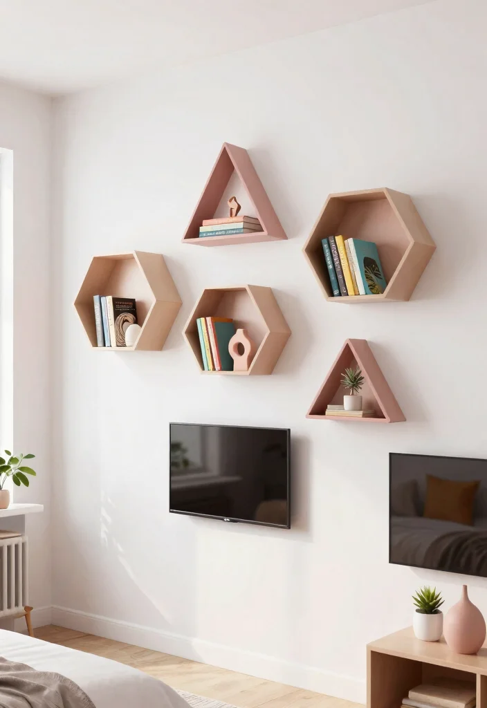9 Stylish TV Wall Decor Bedroom Floating Shelves Shelf Ideas 4. Geometric Shelf Designs 0