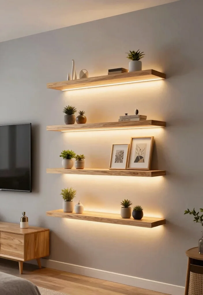 9 Stylish TV Wall Decor Bedroom Floating Shelves Shelf Ideas 5. Integrated Lighting 0