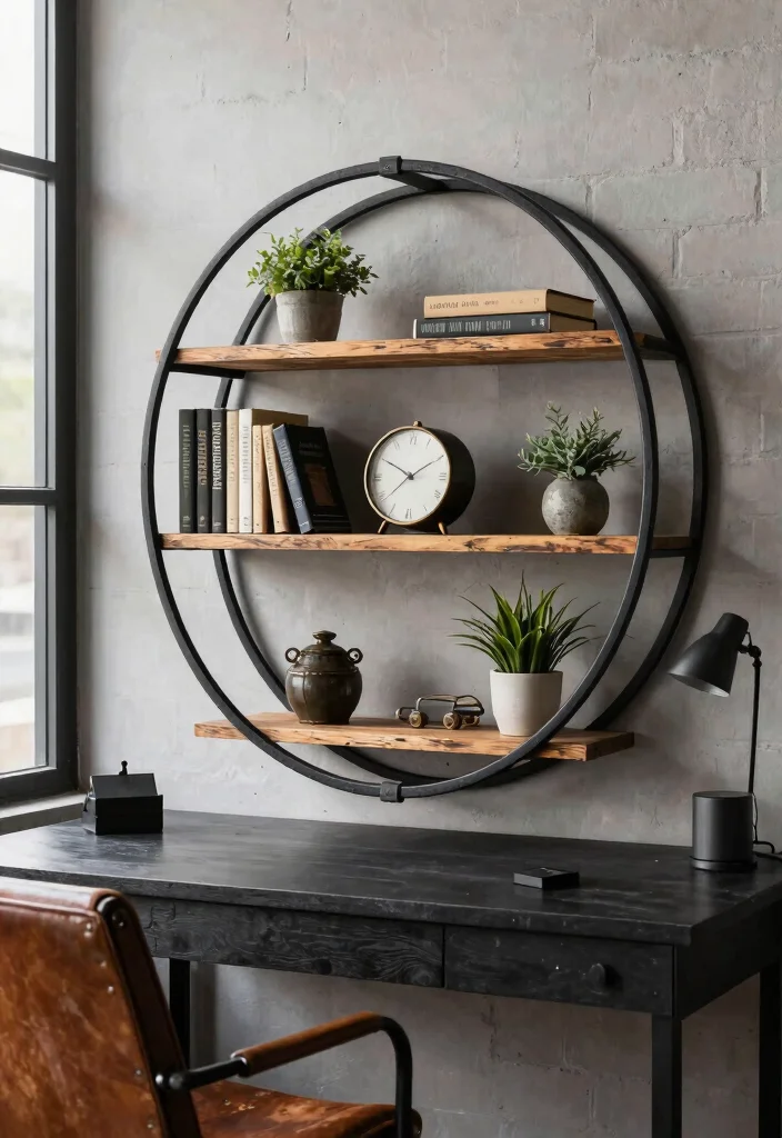 9 Unique Round Wall Shelf Decor Ideas for Geometric Minimalism 2. Industrial Chic Round Shelves 0