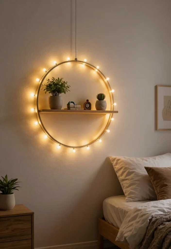 9 Unique Round Wall Shelf Decor Ideas for Geometric Minimalism 7. Round Shelves with String Lights 0